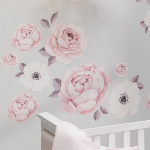 Lambs & Ivy Floral Garden Watercolor/Pink Linen 5-Piece Baby Crib Bedding Set