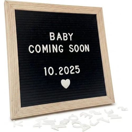 C CRYSTAL LEMON Black Felt Letter Board 10x10in, Baby Announcement Sign & Pregnancy Announcement Board, 336 Letters, Wooden Frame, Wall Mount or Stand