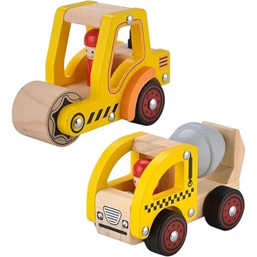 Wooden Push Car Toys for Infants 12-18 Months, 2 Pcs Baby Vehicle Toys Hand Push Car for 1 2 Year Old Boys Girls (Cement Truck + Road Roller)
