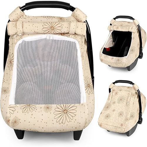 Muslin Baby Car Seat Cover, with Extra Large Mesh Window Breathable Infant Car Seat Canopy Cover, Universal Fit Stroller Cover for Boys and Girls(Floral Pattern)
