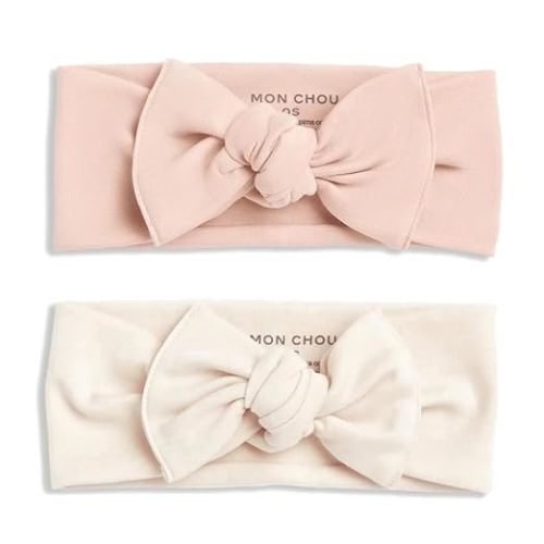 MON CHOU Baby Headbands - Set of 2 Organic Cotton Headbands for Baby Girls - Ultra Soft, 100% Pima Cotton Infant Hair Bows (Ivory & Bloom)