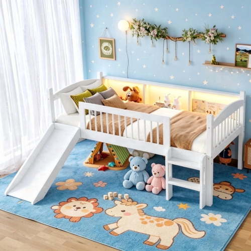 Bellemave Twin Loft Bed with Slide, Low Loft Bed with Bookcase, Solid Wood Loft Bed with Ladder & LED Lights, Twin Size Loft Bed with Full-Length Guardrails, No Box Spring Needed, White