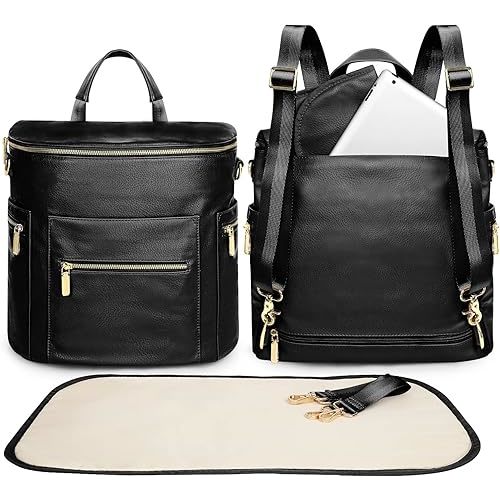 miss fong Diaper Bag Backpack Baby Diaper Bag, Large Leather Diaper Backpack with 16 Pockets Travel Diaper Bag with Diaper Changing Pad, Stroller Straps & 2 Insulated Pockets(Convertible, Black)