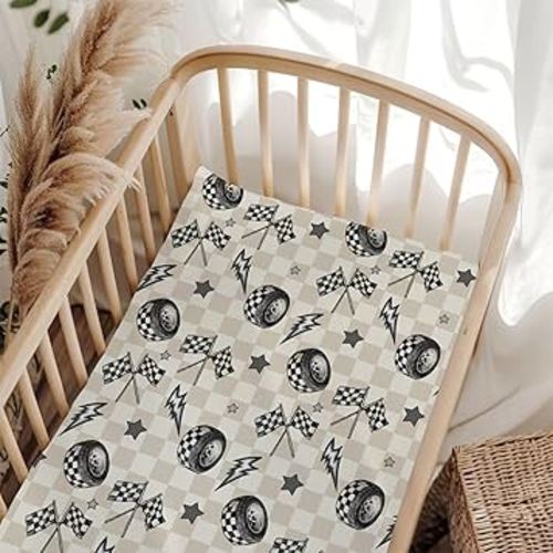 Cute Race Car Flag Black and White Plaid Fitted Baby Crib Sheet for Boys Girls 28"x52" Breathable Tire Stars Checkered Vehicles Baby Sheet for Standard Crib and Toddler Mattress Bed Sheet