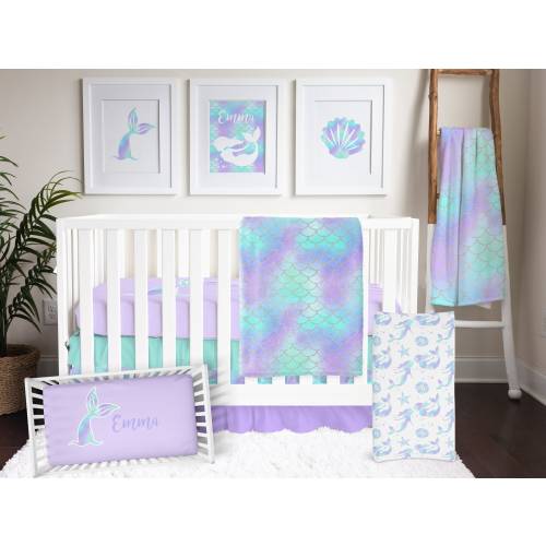 Mermaid Crib Bedding Set: Purple Teal Scales, Personalized Sheet