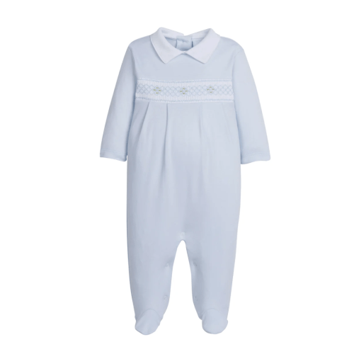 Little English Smocked Footie - Blue Geo
(Size 3M)