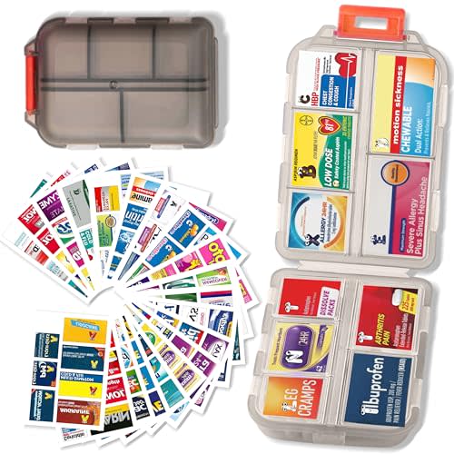 Pill Organizer with 161 Medicine Labels, Daily Travel Pill Case (Grey) | Compact 10-compartment pill case and pill box with 161 medicine labels for 7-day planning, vitamins, supplements, and travel