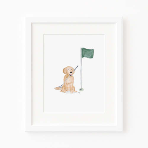 Golden Retriever Dog with Golf Flag and Putter – Kristen Nicholls Art