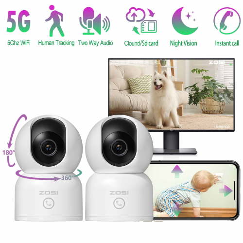 Baby/Pet Monitor, ZOSI 2.4GHz/5Ghz WiFi Security Camera, 3MP 360°View IP Camera with Audio,Pan/Tilt Indoor Home Security Camera,Auto Human Tracking