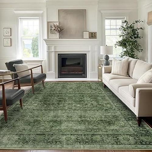 6x9 Green Washable Rug for Living Room Large Vintage Distressed Bedroom Rug Low Pile Non-Slip Soft Boho Carpets for Bedroom Dining Room Home Office Indoor Nursery
