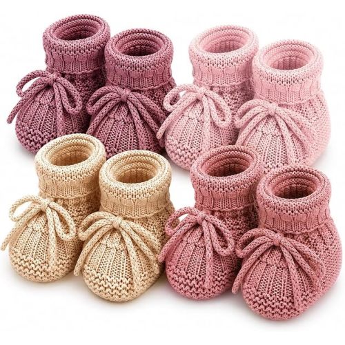 4 Pairs Knitted Baby Booties Newborn Walking Shoes Cotton Bootie Cozy Warm Soft Sock Slippers Crochet Baby Sock Cotton Indoor House Shoes Newborn Knit Boots for Infant Girl Boy