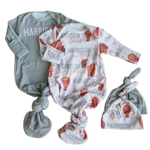 Happy Highland Cows Personalized Newborn Baby Knot Gown