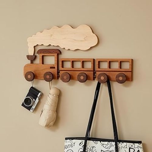 Cherry Solid Wood Train-Shaped Wall Hooks for Children Wall-Mounted Coat Rack with 6 Hooks for Children's Rooms Moisture-Resistant Wood Wax Oil Finish