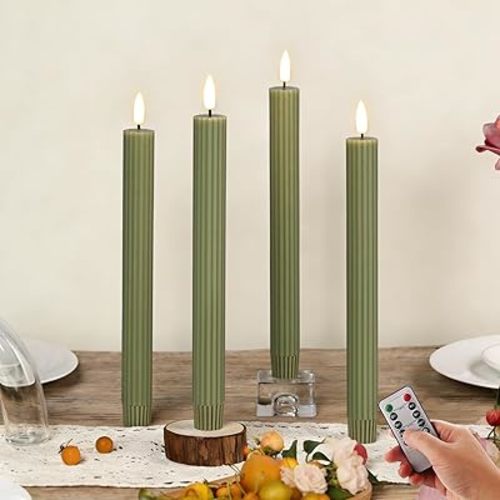 Olive Green Ribbed Flameless Taper Candles with Remote, Flickering LED Wax Candlesticks Battery Operated Set of 4