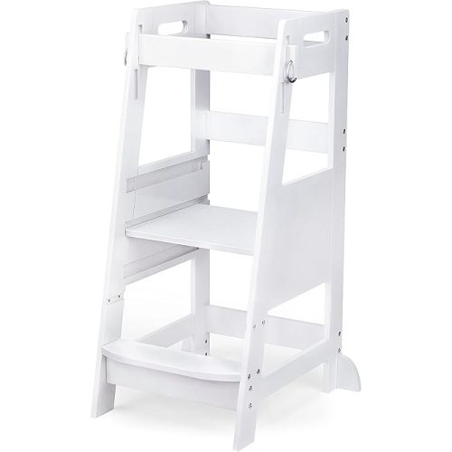 TOETOL Bamboo Toddler Kitchen Step Stool White Helper Standing Tower Height Adjustable with Anti-Slip Protection for Kids Kitchen Counter Learning