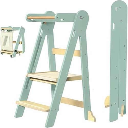Grownsy Foldable Step Stool Toddler Tower, Toddler Kitchen Stool Helper, Collapsible Kids Standing Tower with 3 Adjustable Heights and Safety Net for Kitchen Bathroom Sink Counter (Green)