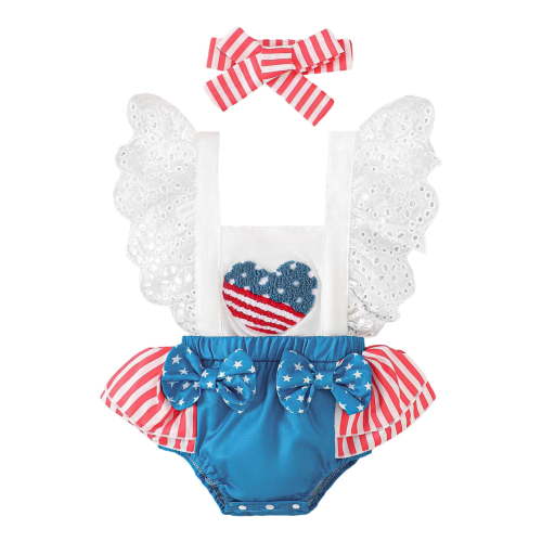 Splozh 4th Of July Baby Girl Romper Baby Romper Independence Day Clothing Lace Strap Summer Romper with Headband Blue,0-3 Months