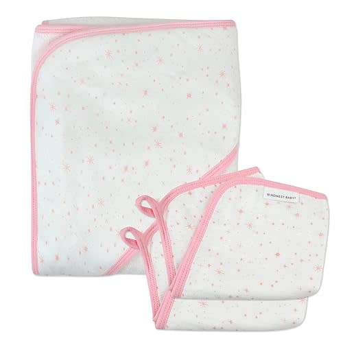 HonestBaby Unisex Baby 3-Piece Organic Cotton Hooded Towel & Washcloth Set, Twinkle Star White/Pink, One Size