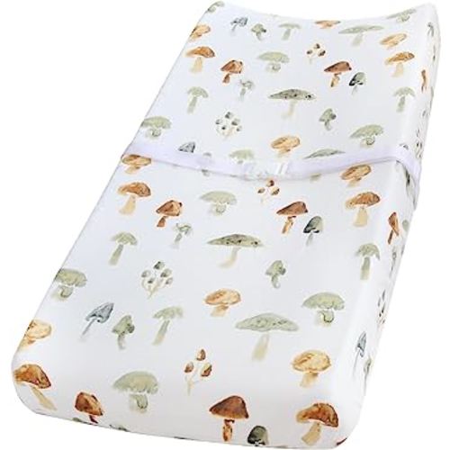 LifeTree Muslin Changing Pad Cover for Baby Girls Boys, 70% Viscose from Bamboo and 30% Cotton, 16"x32" Diaper Change Table Pad Covers, Soft Changing Pad Sheets, Mushroom Pattern