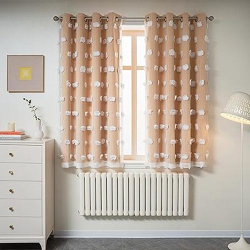 MYSKY HOME Yellow Curtains for Bedroom 54 Inch Long Double Layer Curtains for Kids Room Kithen White Pom Pom Sheer Nursery Curtains Grommet Room Darkening Small Window Curtains 2 Panels 52" x 54"