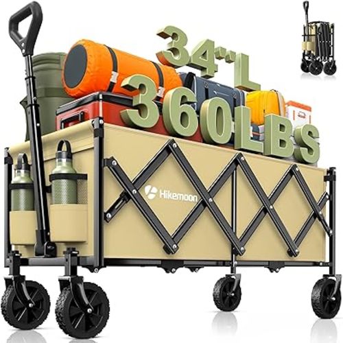Hikemoon 34'' Extra Long Collapsible Wagons Carts Foldable, 360LBS Heavy Duty Folding Beach Wagon with Wheels, Portable Utility Outdoor Cart for Grocery, Garden, Sports, Camping, Khaki