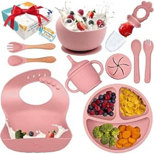 Silicone Baby Feeding Set, 14PCS, Baby plates and bowls Set - Silicone Bibs