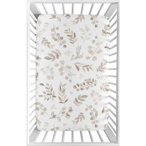 Sweet Jojo Designs Boho Botanical Leaf Boy Girl Fitted Mini Crib Sheet Baby Nursery Portable Crib Pack and Play Gender Neutral Ivory Cream Beige Tan Off White Taupe Woodland Farmhouse Floral Bohemian