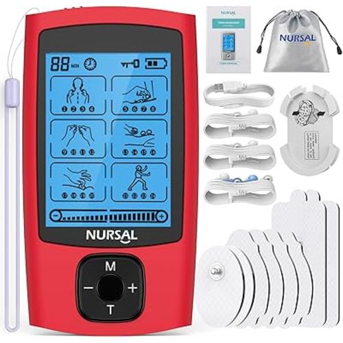 NURSAL 24 Modes TENS Unit Muscle Stimulator, Rechargeable Electronic Pulse Massager with 8 Pads for Back and Shoulder Pain Relief and Muscle Strength (Red)