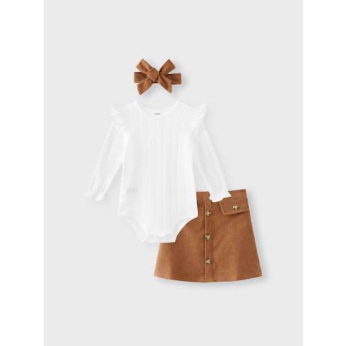 Baby Girl Outfits 3-piece Ruffled Cable Knit Textured White Sweater, Button Design Brown Skirt and Headband Set Brown