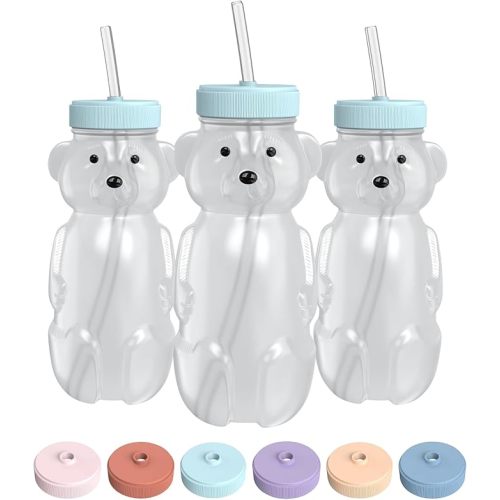Honey Bear Straw Cup for Babies, 8-oz Honey Bear Cup with Lid, 3-Pack Therapy Learning Honeybear Straw, Baby Bottle Set, Blizzard AQUA