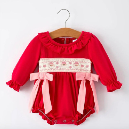 Christmas Smocked Embroidery Baby Girls Romper with Pink Ribbon Ties