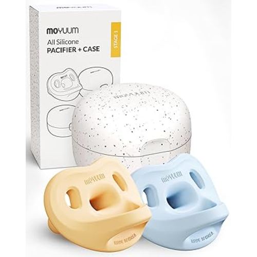 Moyuum Silicone Macaron Pacifier | Made in Korea, BPA Free One-Piece Design Baby Soother, Soft Orthodontic Shape with Air Holes, 2 Pack with Travel Case, Newborn 0-3 Months (Mango+Blue, Stage 1)