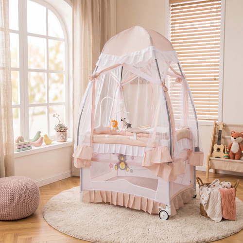 ELLEGNT 4 in 1 Portable Baby Playard Bassinet with Changing Table Mesh Net Wheels Light Pink