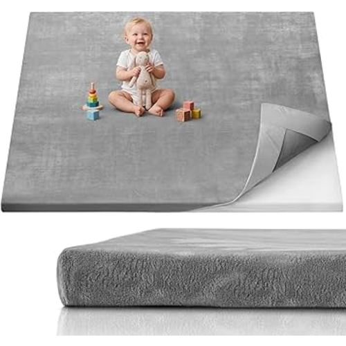 Blissful Diary 1.3" Thick Baby Play Mat, 71x59 Playpen Mat with Removable & Washable Cover, Extra Large Crawling Rug for Floor, Foam Cushion & Non-Slip Backing for Kid, Toddler and Infants, Light Grey