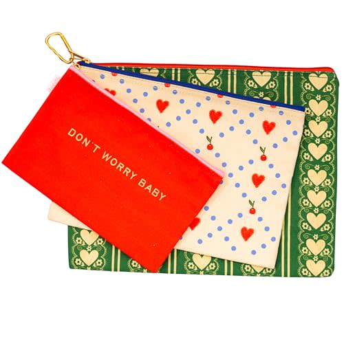 ban.do Travel Bags Carryall Trio, Don't Worry Baby | Nylon Bag Set, Water Resistant Bags, 3 Zip Pouches for Pencils, Toiletries, Cosmetics, or Accessories in Assorted Sizes