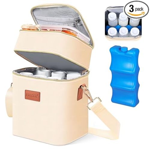 PIIOSER Breastmilk Cooler Bag with Ice Pack Fits 6 Baby Bottles Up to 9 Ounce, Insulated Baby Bottle Tote Bags, Double Layer Waterproof Leak-Proof with Shoulder Strap for Nursing & Working Mom (Cream)