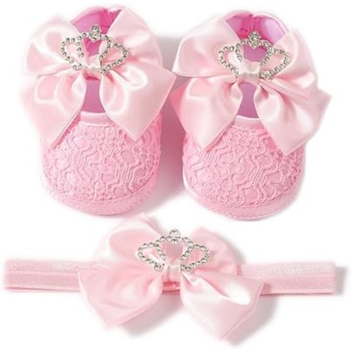 Newbron Baby Girls Mary Jane Shoes with Headband Soft Sole Anti-skidding Crown Bowknot Lace Princess Flats Infant Shower Wedding Dress Crib Shoes