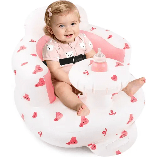 BEBOAN Inflatable Baby Seat with Tray for 3 Months Up Baby, Portable Upseat Baby Chair with Safety Strap for Sitting Up, Foldable Blow Up Infant Seat with Built-in Air Pump (Pink Bunny)