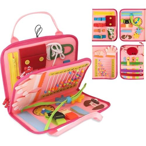 Montessori Busy Board Book, Toddlers, Sensory Activities and Preschool Learning - Toy for Home, Airplane and Car Travel (Pink)