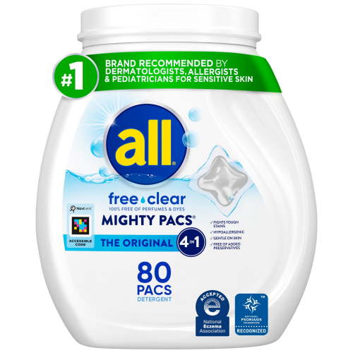 all Mighty Pacs Laundry Detergent, Unscented, Dye Free, Hypoallergenic, 80 Count