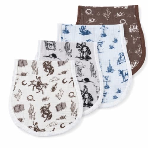 4 Pcs Western Burp Cloths Baby Boy, 22" x 10.6" Cowboy Cotton Spit Up Rags | Muslin Burp Cloths, Retro Cowboy Themed, Absorbent Cotton, Infant Newborn Gifts, Baby Nursery Decor