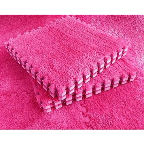 Kekon Square Interlocking Shaggy Soft EVA Foam Puzzle Mats Fuzzy Carpet Fluffy Area Rugs Set Tiles Plush Play Mat for Room Home Parlor Bedroom (12pcs, Rose)