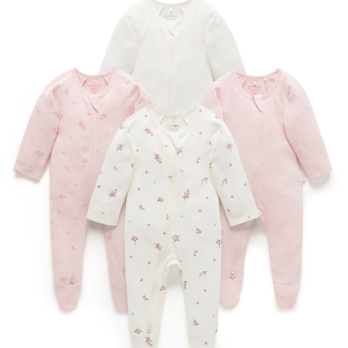 4 Pack Baby Growsuits – Pale Pink Blossom | Purebaby - 0-3 Months