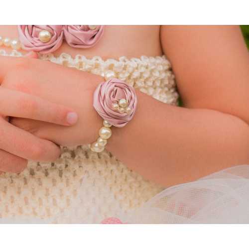 Cream Dusty Rose Pearl Rosette Bracelet Blush Mauve Little Baby Flower Girl Fabric photo prop shower gift Ivory pink Newborn Infant jewelry