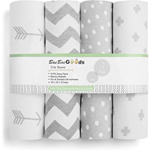 BaeBae Goods Premium Crib Sheets for Baby Boys and Girls, 4 Pack, Soft and Breathable Jersey Knit Fitted Sheet Set, Grey and White, Cute Gender Neutral Nursery Mattress Bedding, Universal Fit