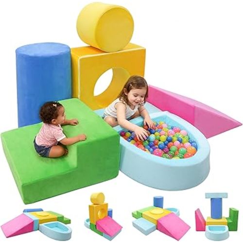 Teckid Toddler Climbing Toys, 7-Piece Colorful Foam Blocks, Indoor Soft Play Gym for Crawling, Climbing and Sliding, Modular Play Set Ages 1-3, No Ball Included