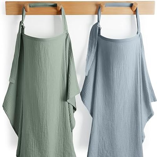 Comfy Cubs Muslin Nursing Cover Pack of 2, 100% Cotton Muslin Breastfeeding Cover for Moms, Soft & Breathable Baby Nursing Scarf, Adjustable Neck Strap - Privacy Coverage - Fern and Pacific Blue