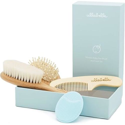 Ullabelle 4 Piece Wooden Baby Hair Brush and Comb Set for Newborns & Toddlers in Chic Gift Box - Ultra Soft Natural Goat Hair and Wood Baby Brush Set Prevents Cradle Cap - Perfect Registry Gift (Blue)
