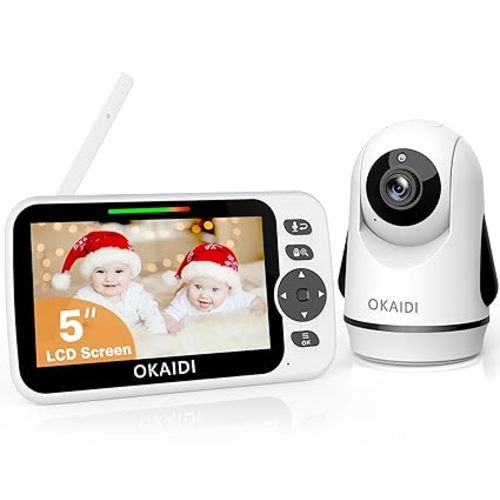 OKAIDI Video Baby Monitor with Camera and Audio, 5" Display Baby Monitor No WiFi, 30H Battery and 1000ft Range, Remote Pan-Tilt-Zoom Baby Camera, Night Vision, 2-Way Talk, ECO, Temperature, Lullaby