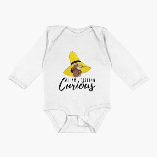 Cute brown curious monkey with yellow hat cartoon for kids / I am feeling curious Baby One-Piece